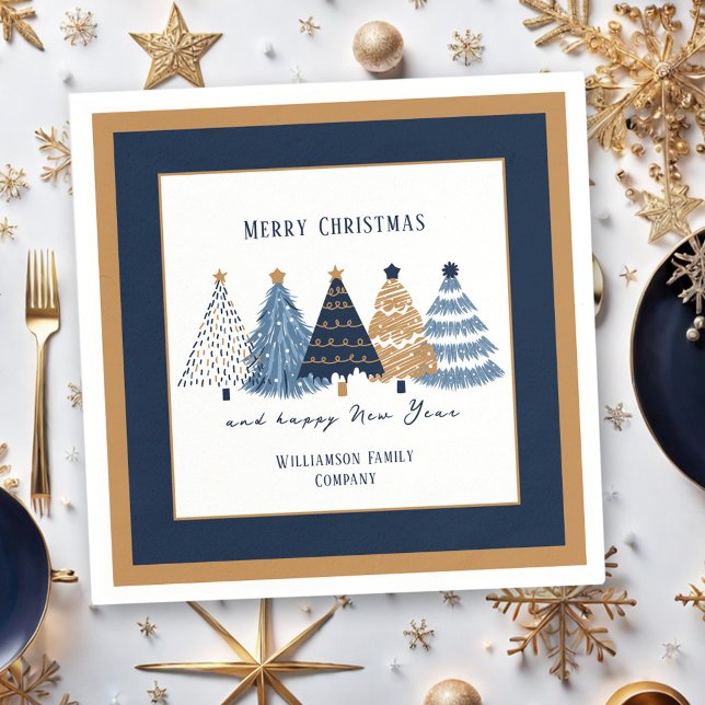 Navy Blue Trees Text Name Moderner Weihnachtsfeier Serviette (Navy Blue Trees Text Name Modern Christmas Holiday Napkins)