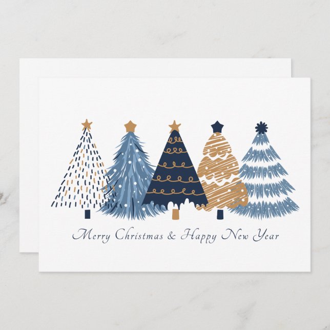 Navy Blue Trees White Christmas New Year Card Ankündigung (Vorne/Hinten)