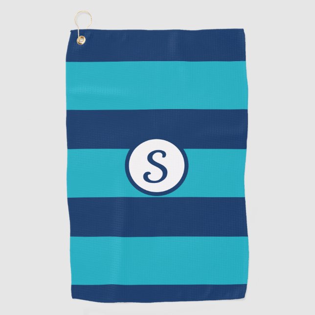 Navy Blue Türkise Striped Classic Monogram Golfhandtuch (Vorderseite)