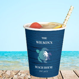 Navy Blue Turtle Rustic Wood Family Beach House Pappbecher