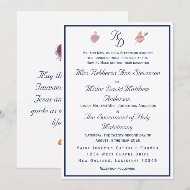 Navy-Blue Two Hearts Catholic Wedding Invitation Einladung (Vorne/Hinten)