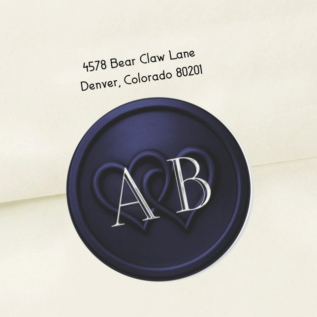 Navy  Blue Two Hearts Silver Monogram Wedding 2 Runder Aufkleber (Von Creator hochgeladen)