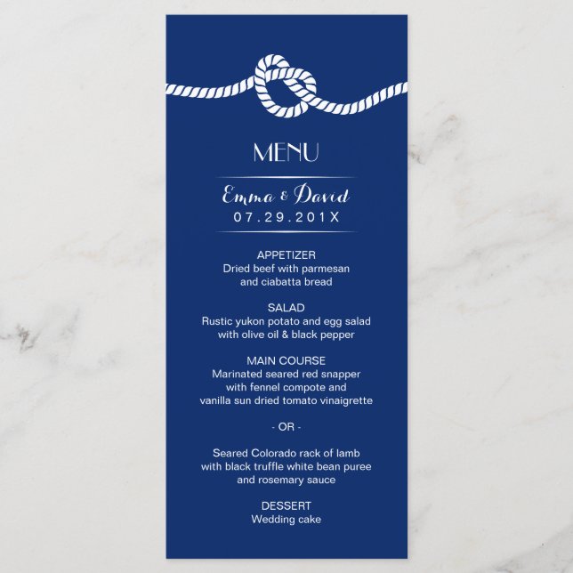 Navy Blue Tying the Knot Nautical Wedding Menu Menükarte (Vorderseite)