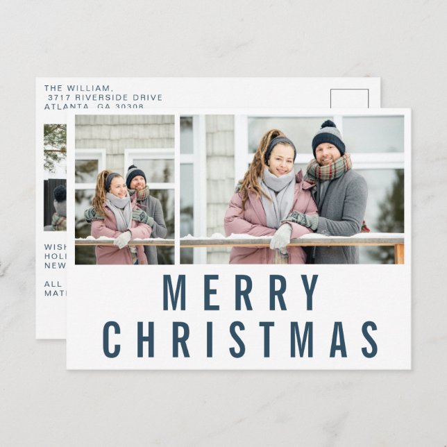 Navy Blue Typografie Frohe Weihnachtsfoto Collage Postkarte (Vorne/Hinten)