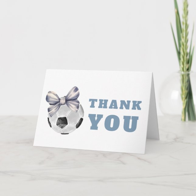 Navy Blue Typography Bow Soccer Boy Baby Shower Dankeskarte (Vorderseite)