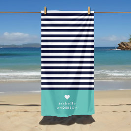 Navy Blue und Aqua Chic Stripes Heft Monogram Strandtuch