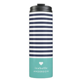 Navy Blue und Aqua Chic Stripes Heft Monogram Thermosbecher