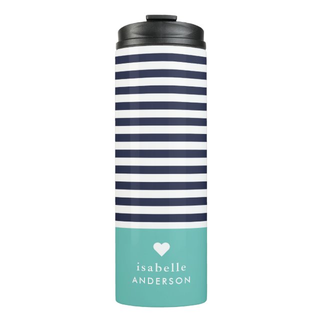 Navy Blue und Aqua Chic Stripes Heft Monogram Thermosbecher (Vorderseite)