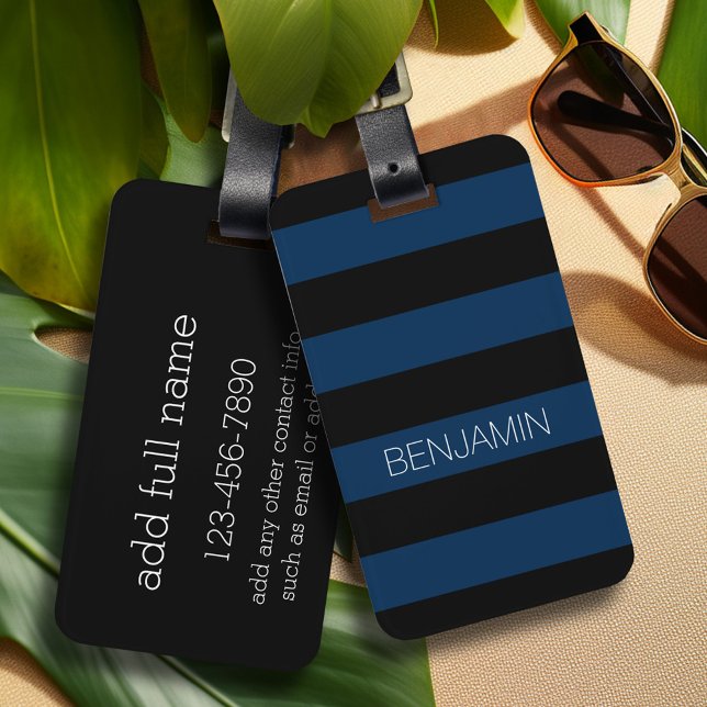 Navy Blue und Black Rugby Stripes mit Individuelle Gepäckanhänger (Personalized luggage tag - Modern Stripe Pattern with custom text)