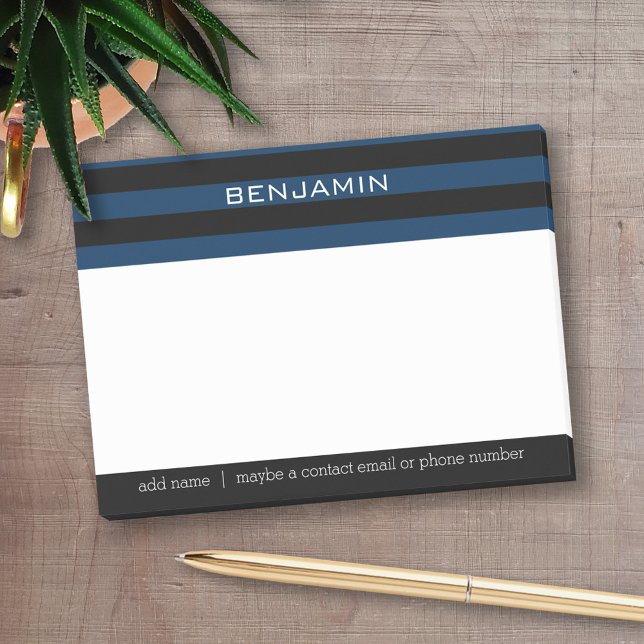 Navy Blue und Black Rugby Stripes mit Individuelle Post-it Klebezettel (Personalized Post-It Notes - add name or other text)