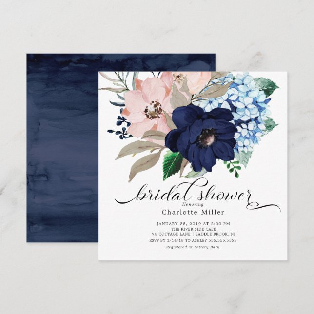 Navy Blue und Blush Blume Brautparty Einladung (Vorne/Hinten)
