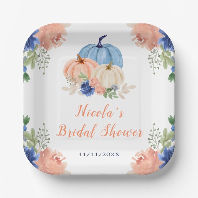 Navy Blue und Blush Floral Pumpkins Brautparty Pappteller (Vorderseite)