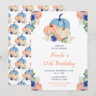 Navy Blue und Blush Floral Pumpkins Geburtstag Einladung