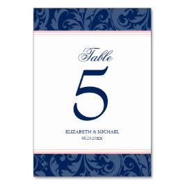Navy Blue und Blush Pink Damask Swirl Hochzeit Tischnummer