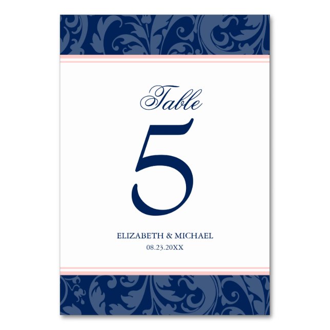 Navy Blue und Blush Pink Damask Swirl Hochzeit Tischnummer (Vorderseite)