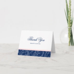 Navy Blue und Blush Pink Damask Swirl Vielen Dank Dankeskarte