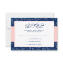Navy Blue und Blush Pink Damask Swirl Wedding RSVP