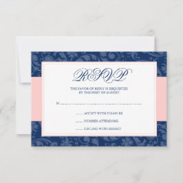 Navy Blue und Blush Pink Damask Swirl Wedding RSVP Karte