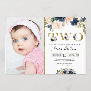 Navy Blue und Blush Pink Floral 2. Geburtstag Foto Einladung
