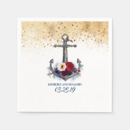 Navy Blue und Burgund Red Floral Anchor Nautic Serviette