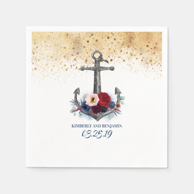 Navy Blue und Burgund Red Floral Anchor Nautic Serviette (Vorderseite)