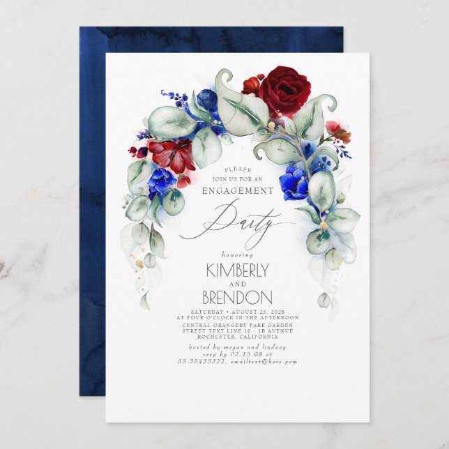 Navy Blue und Burgund Red Floral Engagement Party Einladung (Vorne/Hinten)