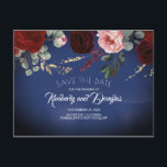 Navy Blue und Burgund Red Floral Save the Date Ankündigungspostkarte<br><div class="desc">Burgundy rote Blume und goldblauer Blattblauer,  moderne Save the Date Postkarten</div>