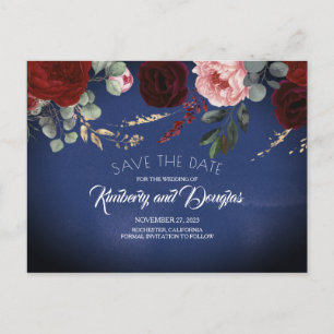 Navy Blue und Burgund Red Floral Save the Date Ankündigungspostkarte