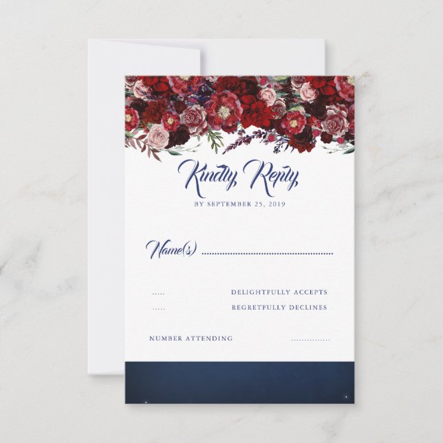 Navy Blue und Burgundy Red Wedding RSVP (Vorderseite)