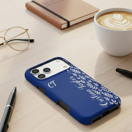 Navy Blue und Bush rosa Leaf Muster mit Monogramm iPhone 16 Pro Max Hülle