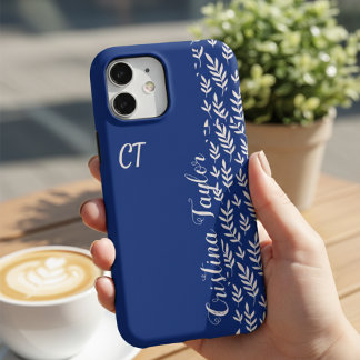 Navy Blue und Bush rosa Leaf Muster mit Monogramm iPhone 16 Pro Max Hülle
