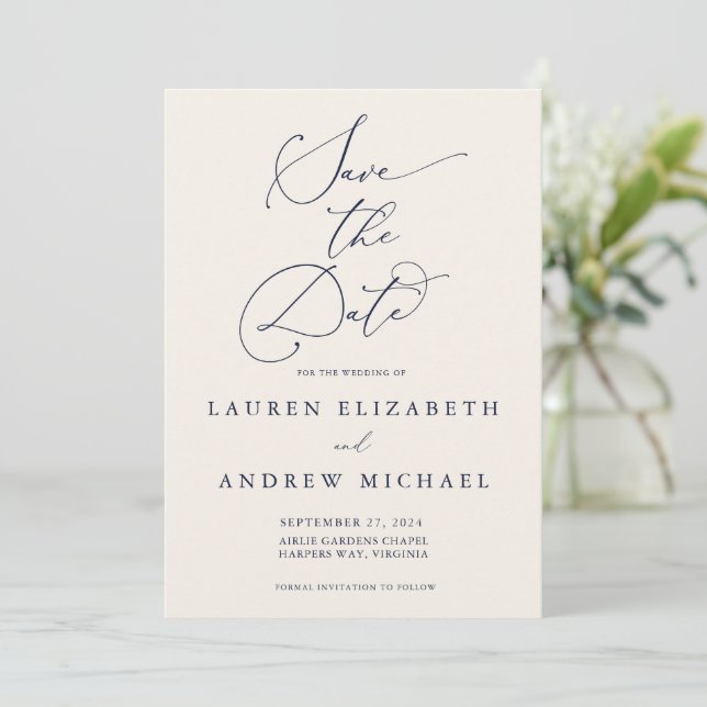 Navy Blue und Creme Save the Date Minimalistisch Einladung (Stehend Vorderseite)
