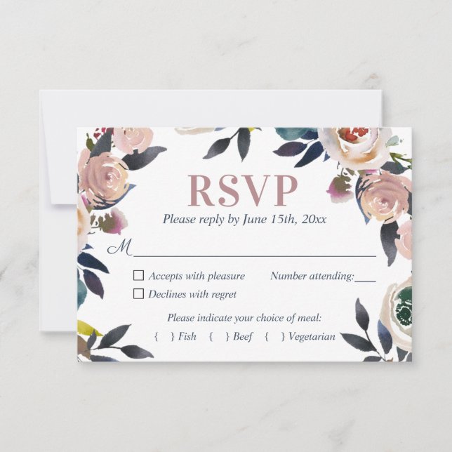 Navy Blue und Dusty Pink Floral Elegante Hochzeit RSVP Karte (Vorderseite)