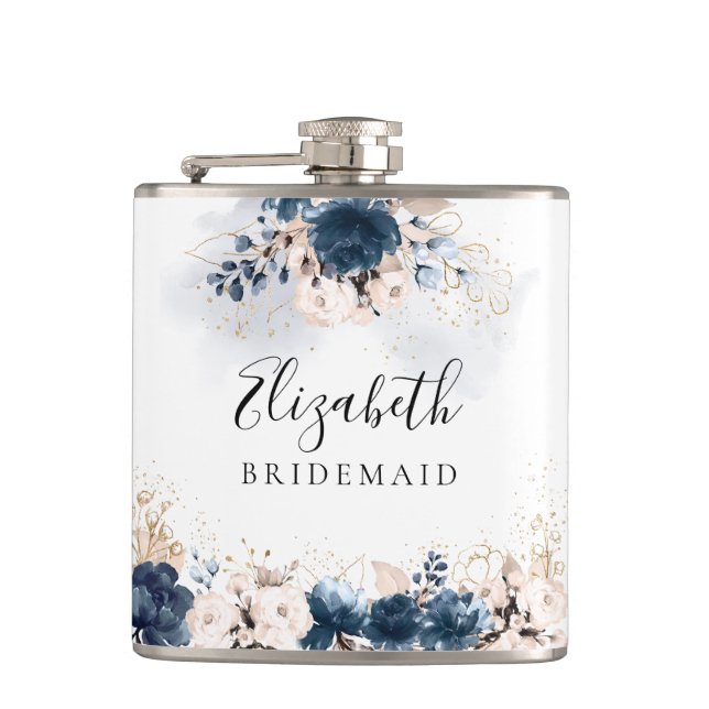 Navy Blue und Dusty Rose Brautparty Flask Flachmann (Vorderseite)