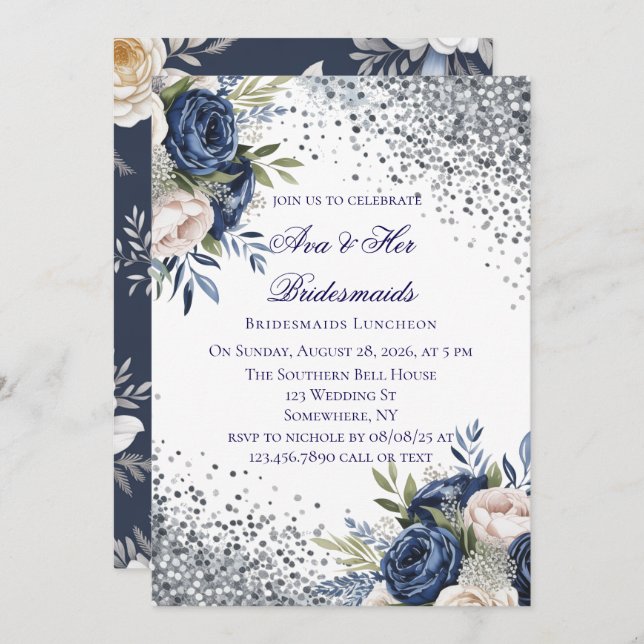Navy Blue und Elfenbein Blumenbridesmaids Luncheon Einladung (Vorne/Hinten)