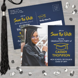 Navy Blue und Gold Abschluss Foto Save the Date Postkarte