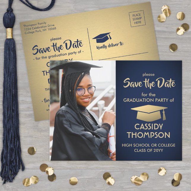 Navy Blue und Gold Abschluss Foto Save the Date Postkarte (Von Creator hochgeladen)