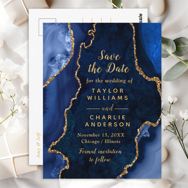 Navy Blue und Gold Agate Marble Save the Date Postkarte (Von Creator hochgeladen)