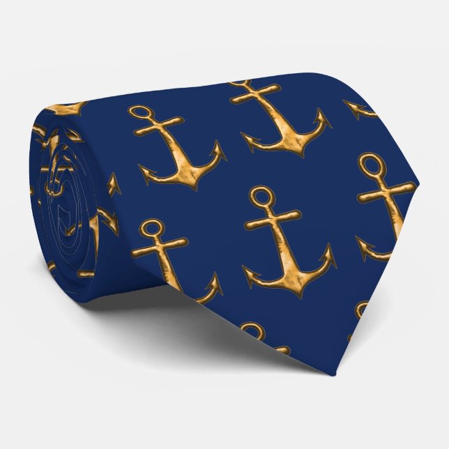 Navy Blue und Gold Anchors Nautic Krawatte (Gerollt)