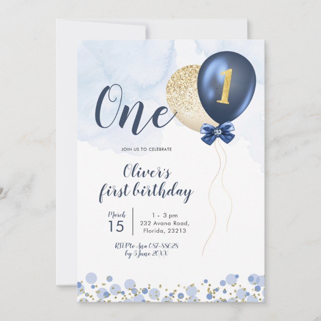 Navy Blue und Gold Balloon Boy First Birthday Inv Einladung (Vorderseite)