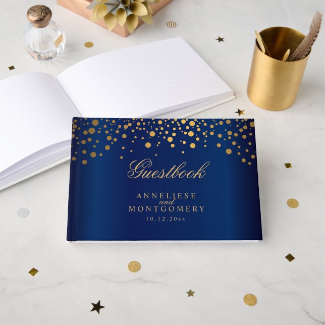 Navy Blue und Gold Confetti Dots Gästebuch (Vorderseite Offen)