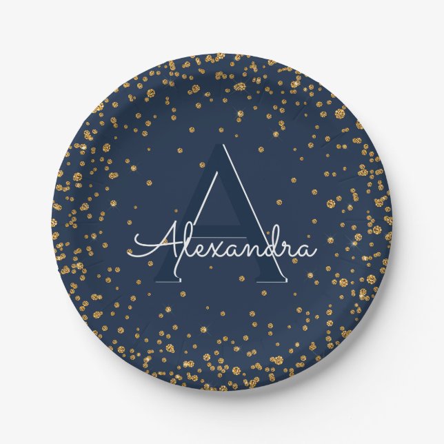 Navy Blue und Gold Confetti Monogram Birthday Pappteller (Vorderseite)