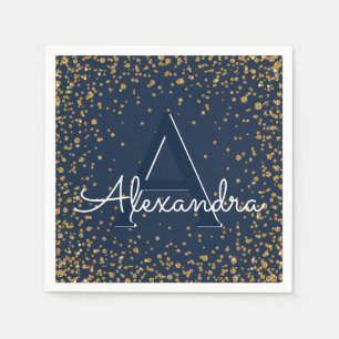 Navy Blue und Gold Confetti Monogram Birthday Serviette