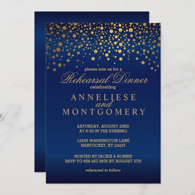 Navy Blue und Gold Confetti Probe Dinner Einladung (Vorne/Hinten)