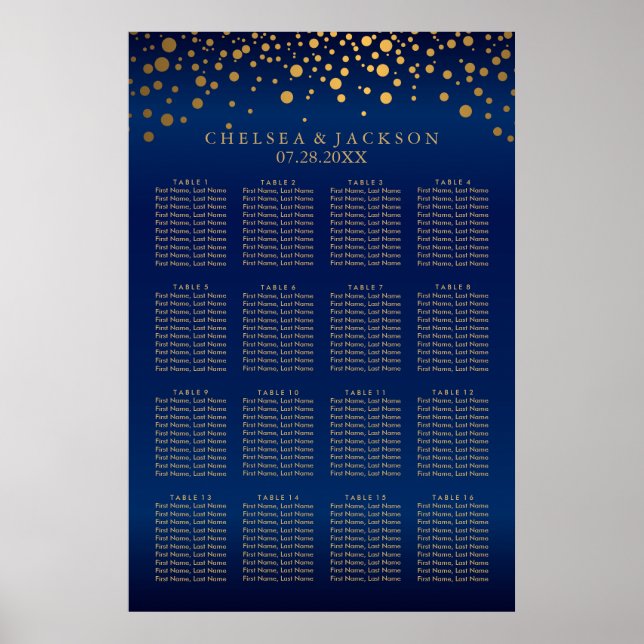 Navy Blue und Gold Confetti Punkte 16 Seating Char Poster (Vorne)