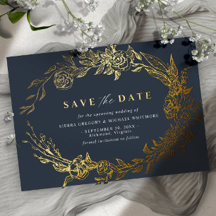 Navy Blue und Gold Elegant, floral Save the Date Folieneinladung