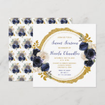 Navy Blue und Gold Elegante Blume 16 . Geburtstag