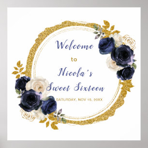 Navy Blue und Gold Elegante Blume 16 . Geburtstag Poster