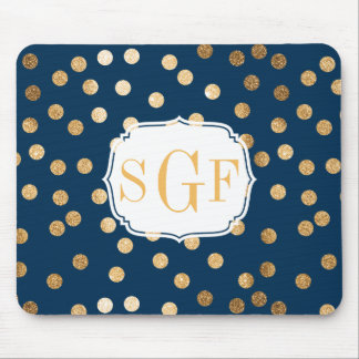 Navy Blue und Gold Glitzer Dots Mit Monogramm Mousepad