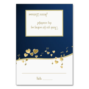 Navy Blue und Gold Hearts Music Cards Tischnummer